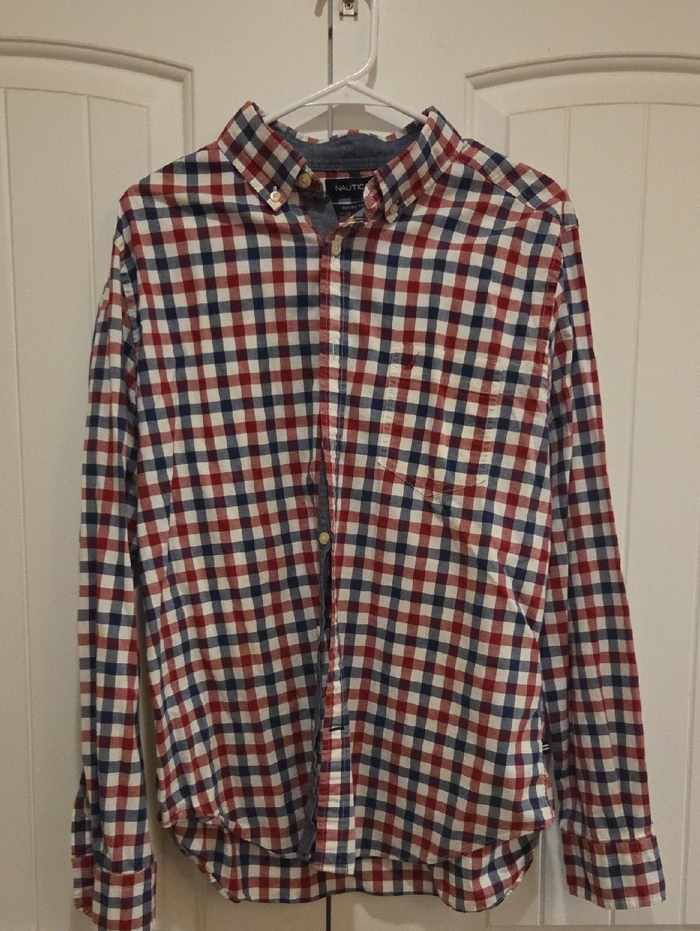 Nautica Men’s Red, Navy & White Plaid Button-Down Shirt